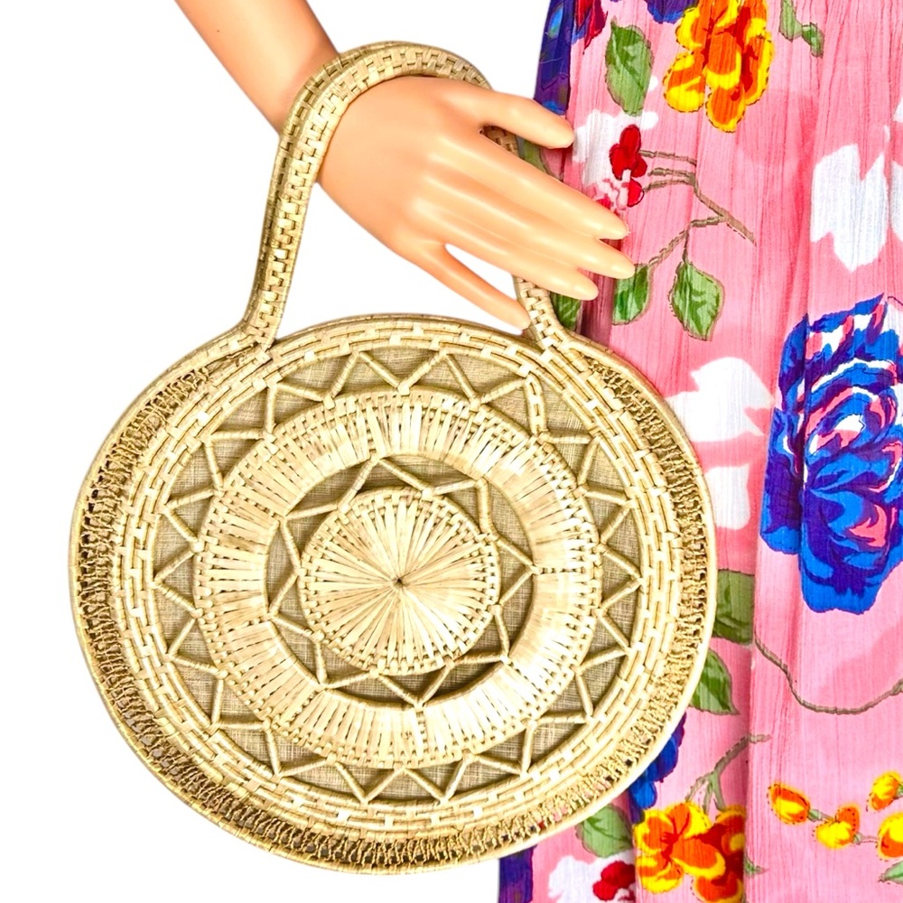 Vintage Hand-Woven Straw Raffia Handbag Natural Geo Sun Beach Bag Boho Coastal